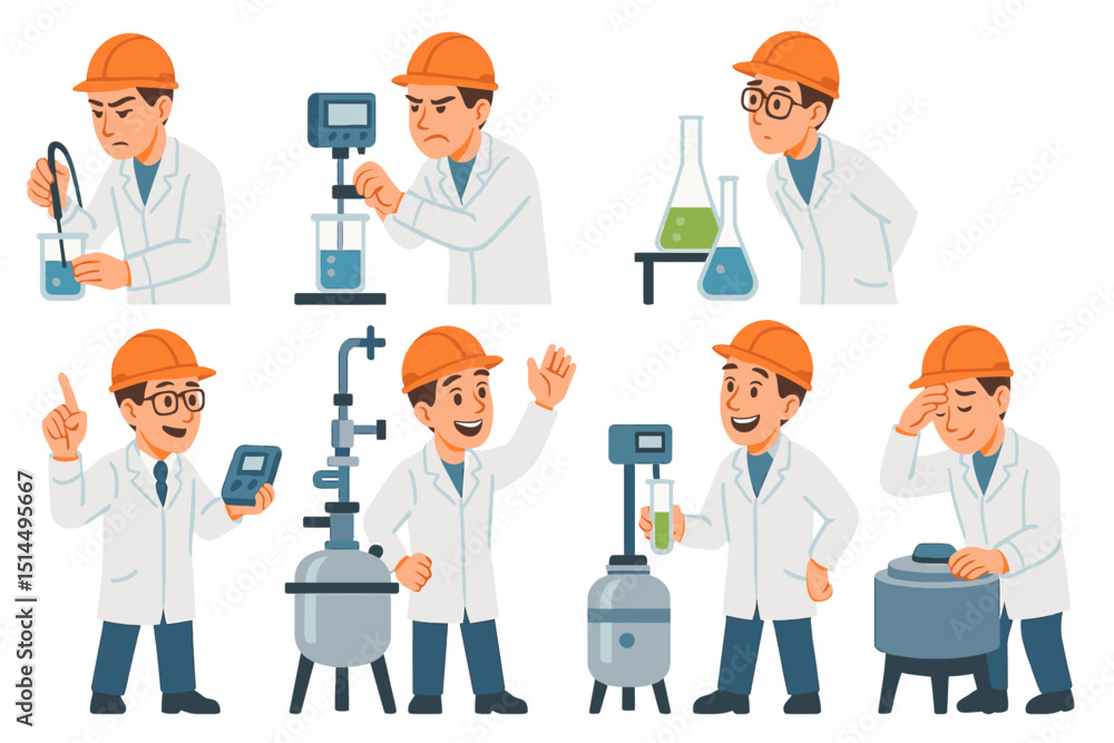 Chemical engineer using pH meter, viscometer, spectrophotometer, distillation, reactor, centrifuge, emotional vector actions, flat illustration Chemical engineer using pH meter, viscometer, spectrophotometer, distillation, reactor, centrifuge, emotional vector actions, flat illustration