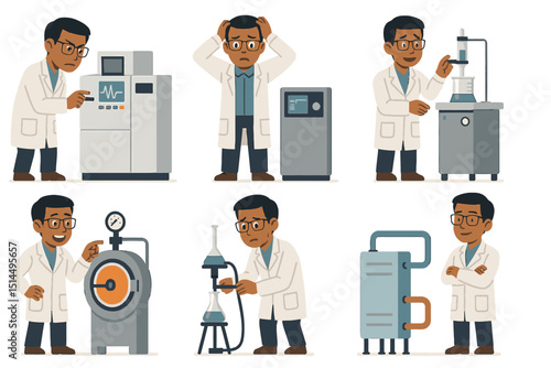 Chemical engineer with gas chromatograph, mass spectrometer, calorimeter, autoclave, filtration, heat exchanger, emotion, flat vector