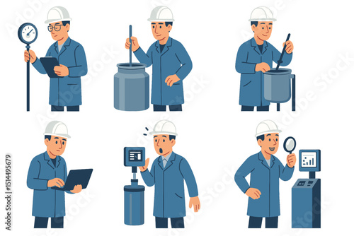 Chemical engineer with pressure gauge, thermocouple, mixing tank, process software, rheometer, particle analyzer, vector emotions