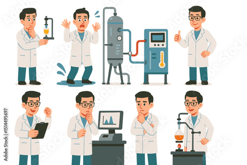 Chemical engineer actions with viscometer, heat exchanger, spectrophotometer, chromatograph, distillation, emotion, flat vector