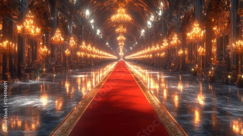 Grand Hallway, Red Carpet, Golden Chandeliers
