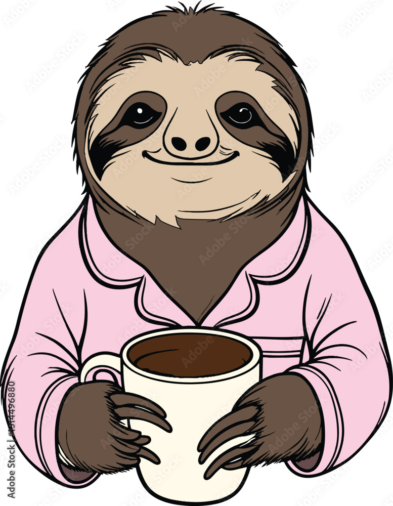 Fototapeta premium A sleepy sloth in pajamas drinking coffee