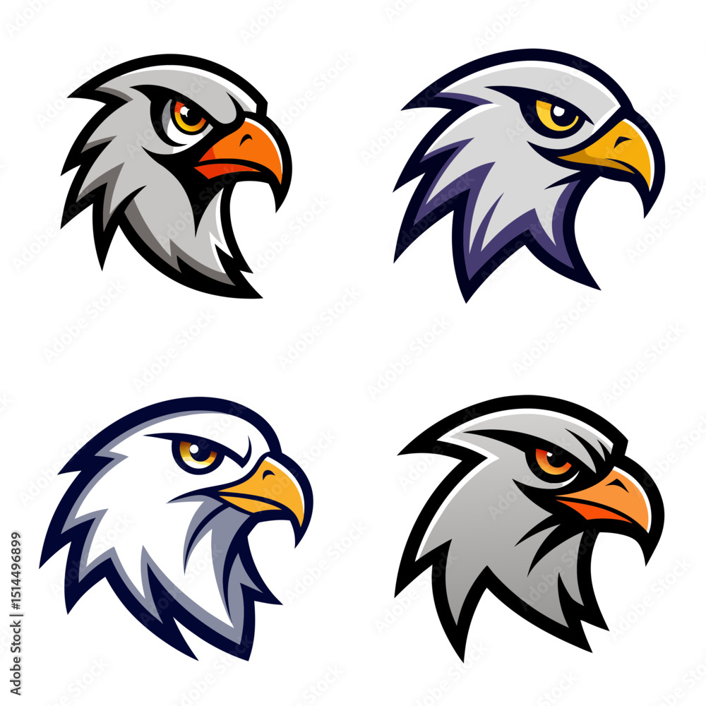 Fototapeta premium Four eagle head illustrations in various colors and styles displayed on a white background design art