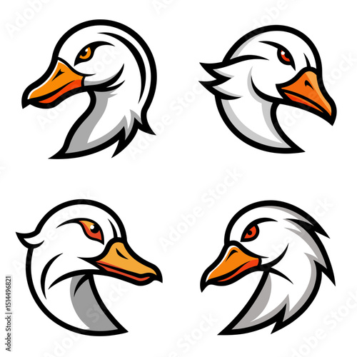Four goose head illustrations with white feathers and orange beaks in various angles and orientations