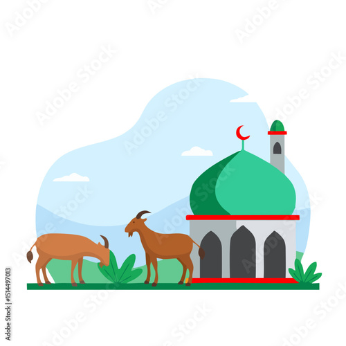 cartoon mosque with green dome, goats grazing in foreground, rolling hills in background, sunny sky with clouds, minimalist landscape illustration
