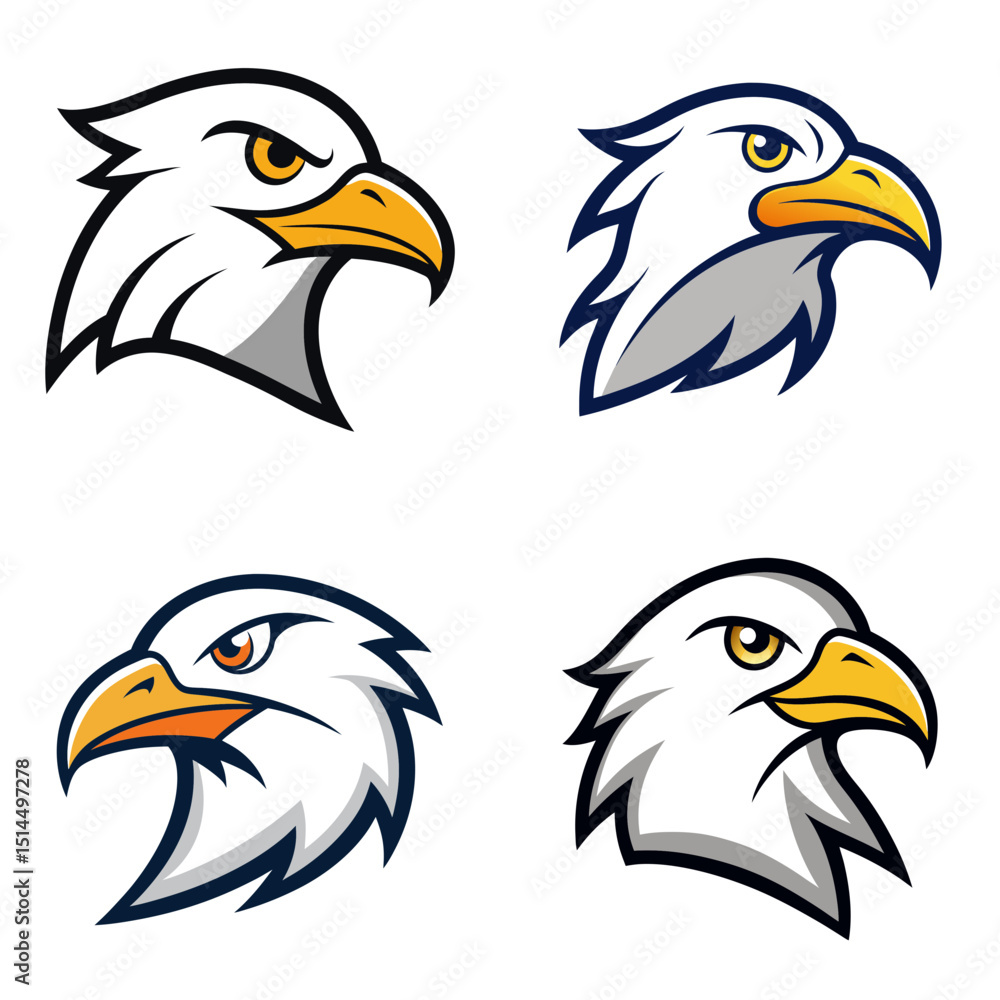 Fototapeta premium Collection of four eagle head illustrations with varying styles and color palettes displayed
