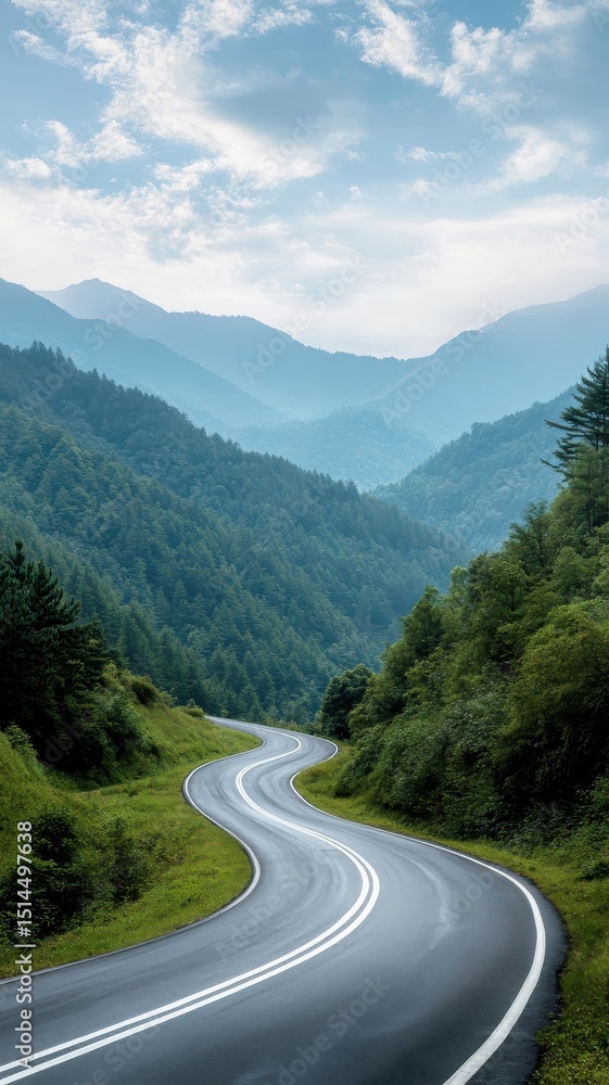Fototapeta premium Minimalist composition of single winding road disappearing into green forest.