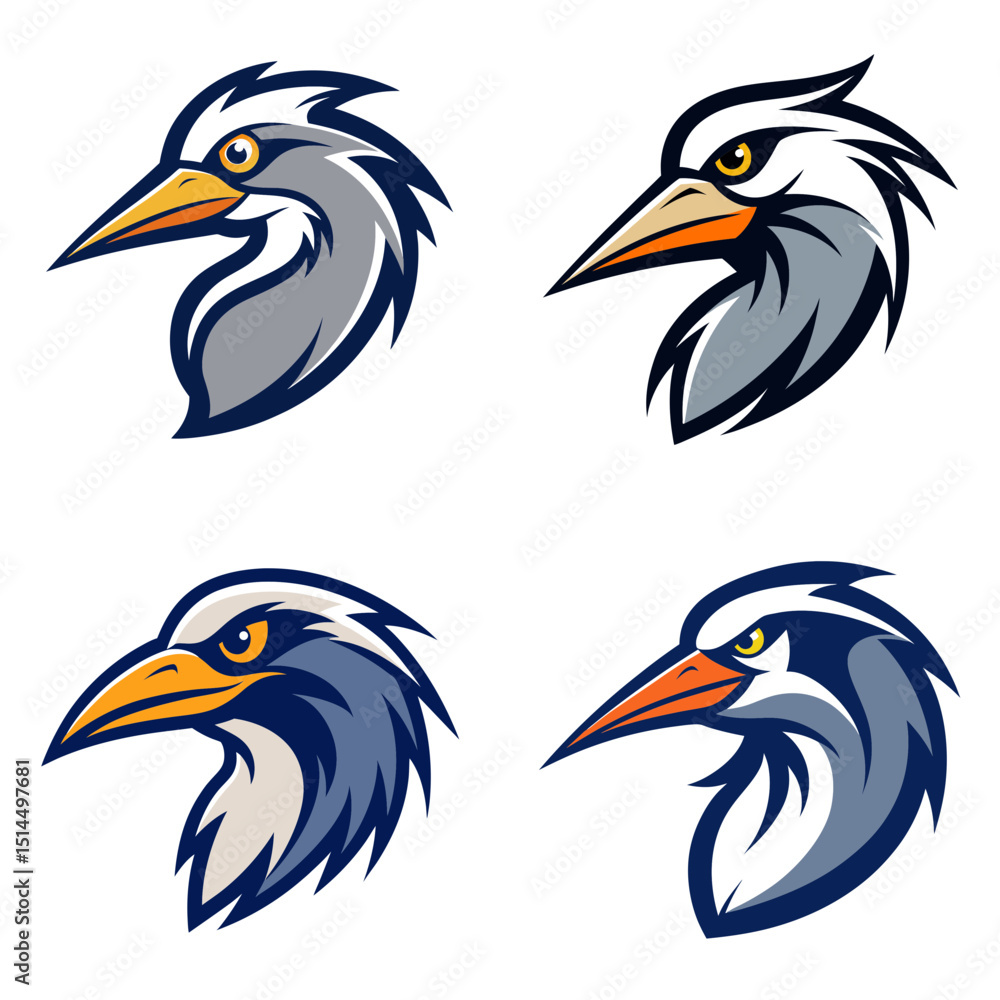 Obraz premium Four stylized bird head profiles with varying color schemes and sharp beak designs presented together