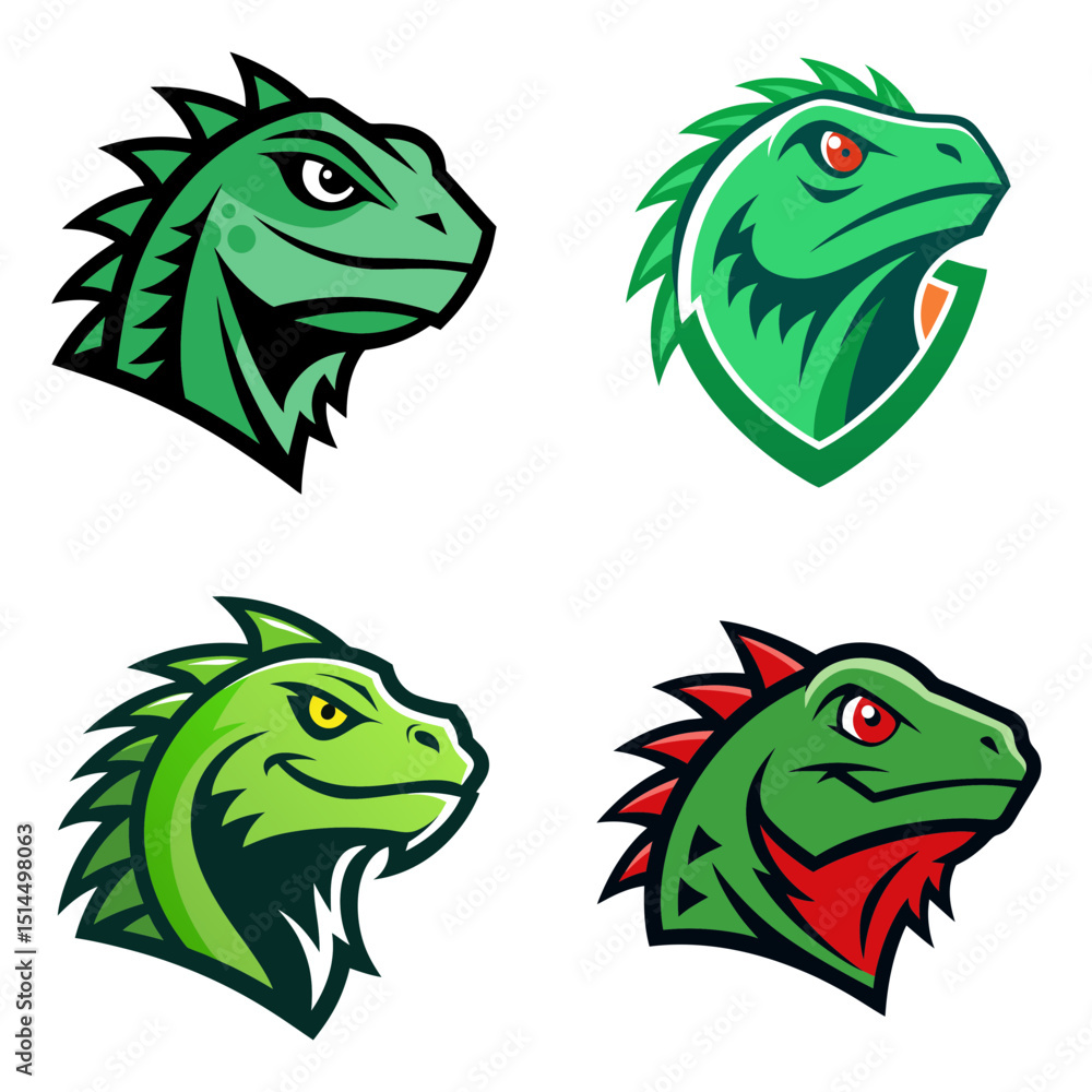 Obraz premium Collection of four different stylized iguana head logos with varying colors and design elements
