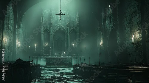 Dark Green Gothic Church Interior with Lit Candles