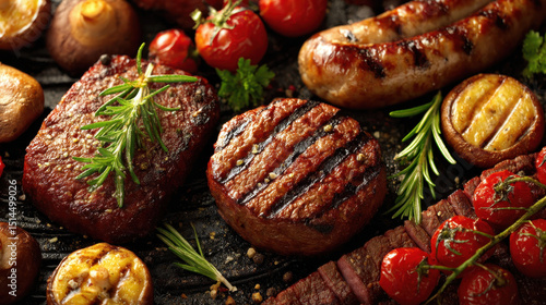 Delicious assorted grilled meats including steak sausage and burger patties garnished with fresh herbs and surrounded by cherry tomatoes and roasted vegetables