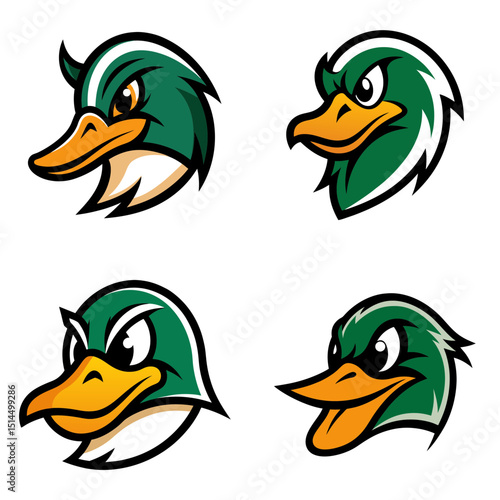 Four cartoon duck heads with green and white feathers and orange beaks in various angry expressions