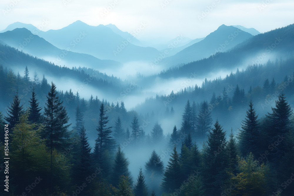 Fototapeta premium Trees shrouded in fog in a dense forest.