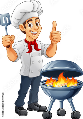 A chef cartoon barbecue cook out brazier cook man giving thumbs up and holding a BBQ spatula mascot character illustration