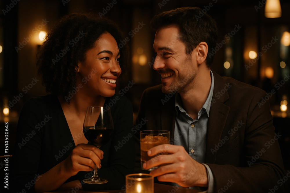 Man and woman seated at table with wine glasses. Man and woman seated at table with wine glasses.
