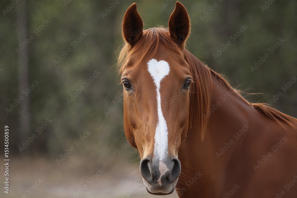 Beautiful chestnut horse with white heart on a head Beautiful chestnut horse with white heart on a head