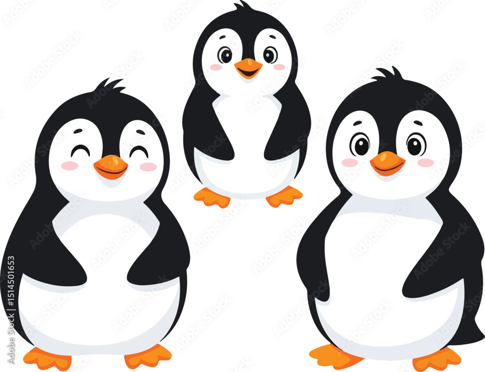 Obraz premium A whimsical vector illustration showcases three cute penguins standing individually