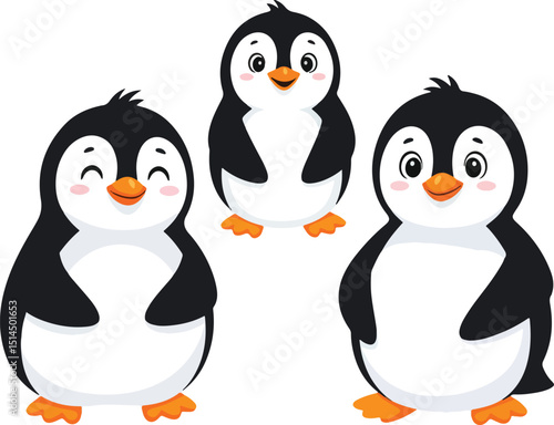 A whimsical vector illustration showcases three cute penguins standing individually