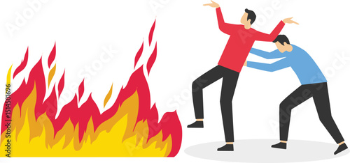 Scapegoat,Businessman pushes his companion to block the fire stock illustration

