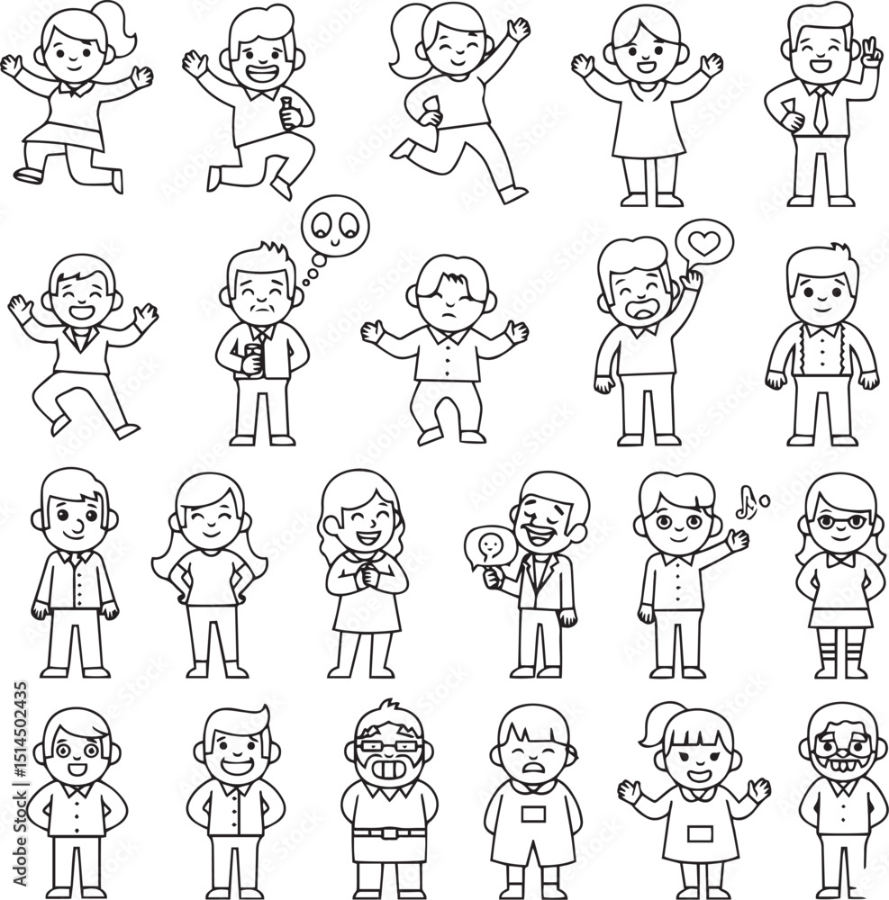 Outline Cartoon Characters Diverse People in Various Poses and Emotional Expressions for Educational Content, Storytelling, and Casual Design Assets Outline Cartoon Characters Diverse People in Various Poses and Emotional Expressions for Educational Content, Storytelling, and Casual Design Assets