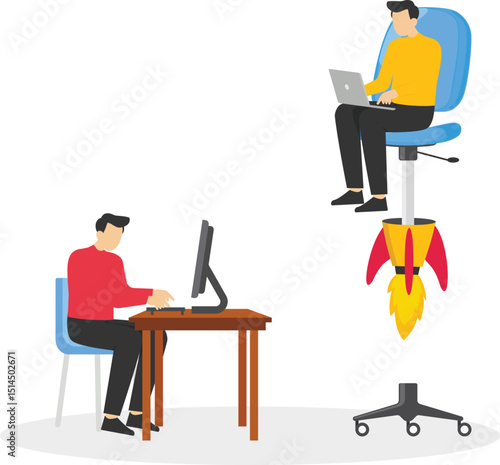 A businessman is working in an office chair and another businessman is working in an office chair in a rocket jet, fast completion of work and efficient work planning, work efficiency contrast stock i