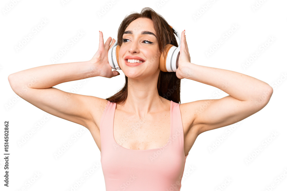 Young caucasian woman over isolated chroma key background listening music Young caucasian woman over isolated chroma key background listening music
