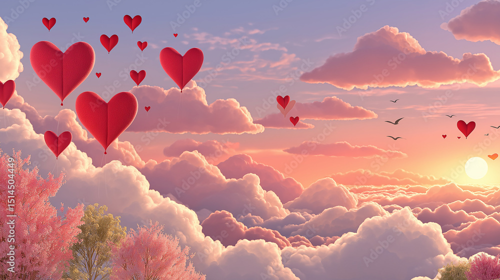 Fototapeta premium Love in the Sky: Hearts float gently against the backdrop of a romantic sunset sky filled with fluffy clouds and colorful hues, embodying the essence of love and affection.
