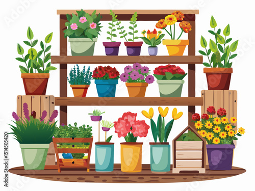 A detailed vector of a flower shop wooden shelf with assorted fresh flowers in pots and buckets, isolated on white