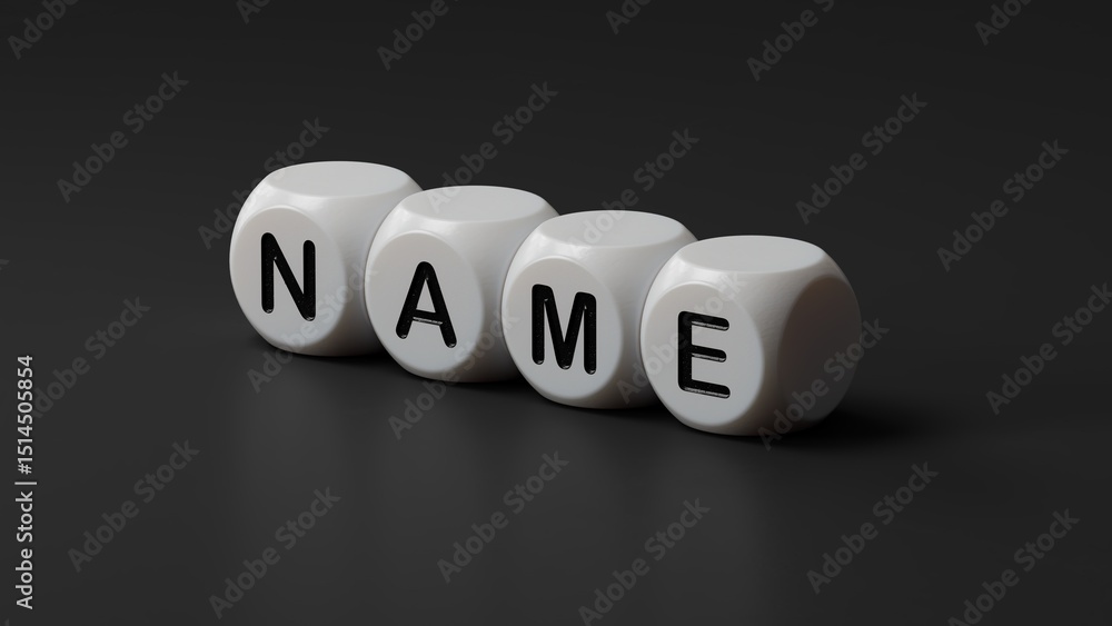 concept word name on wooden dice.close up of wooden dice,Business Concept.3D rendering on black background. concept word name on wooden dice.close up of wooden dice,Business Concept.3D rendering on black background.