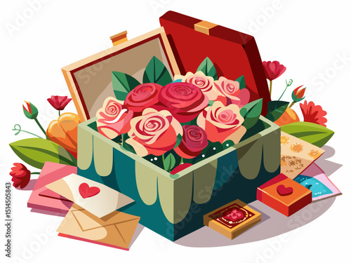A clean vector of a decorative flower delivery box with lid open, full of fresh-cut roses and cards, isolated on white