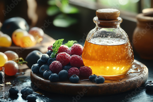 Bottle of honey and berries on a wooden plate.