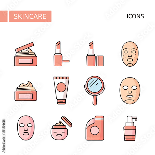Beauty Skincare Icons: Collection of essential skincare icons including beauty product. This collection showcases the tools of self-care and skincare.