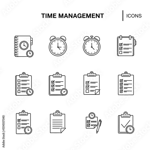 Time Management Icons: A collection of concise, outlined icons illustrates the essence of time management, covering aspects such as deadlines, task lists, scheduling, planning and timely completion.
