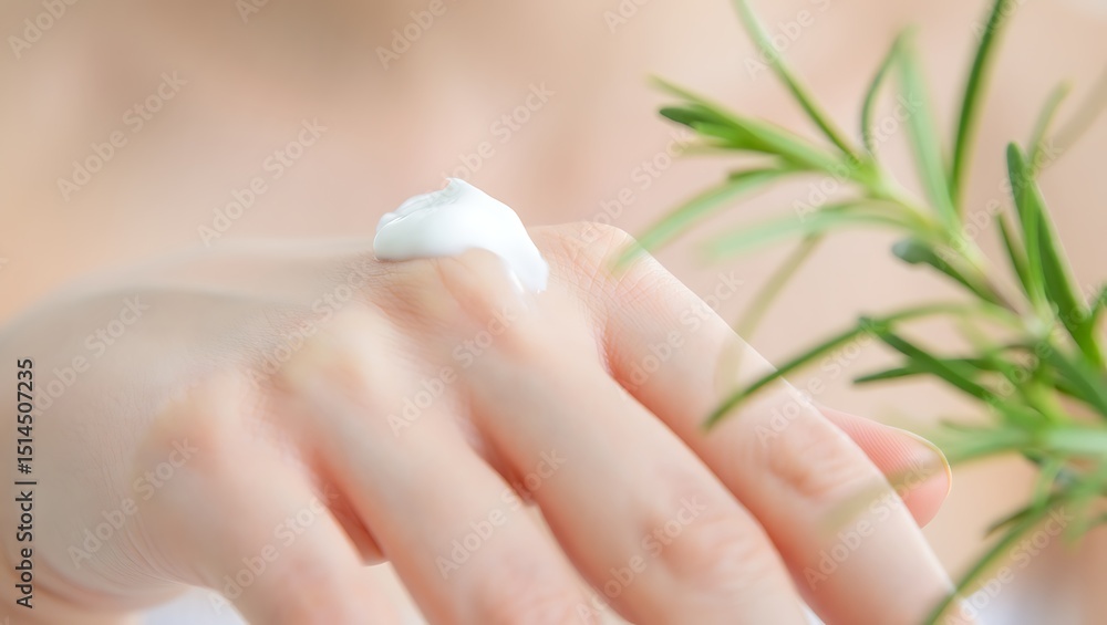 Naklejka premium Closeup of hand applying white cream with rosemary sprig
