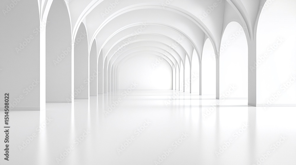 Empty White Architectural Corridor with Arched Ceiling and Reflective Floor Empty White Architectural Corridor with Arched Ceiling and Reflective Floor