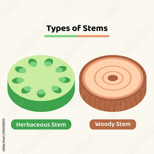 Educational illustration comparing herbaceous and woody plant stems. Shows cross-section details for biology, botany education, and scientific learning.