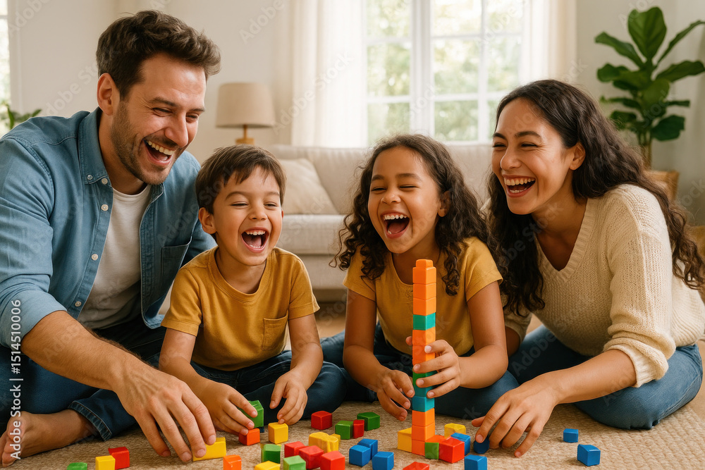 Fototapeta premium Family playing with blocks on floor.