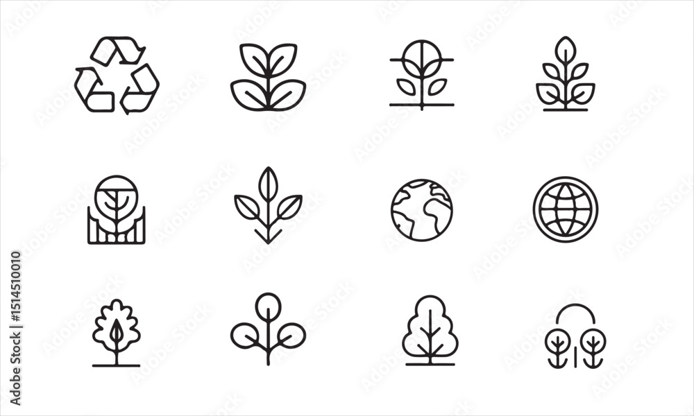 A set of nine simple line icons depicting various aspects of sustainability and environmental growth on white background A set of nine simple line icons depicting various aspects of sustainability and environmental growth on white background