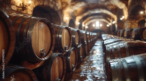 Rows of oak barrels in a dimly lit wine cellar create a rustic atmosphere for aging fine wines