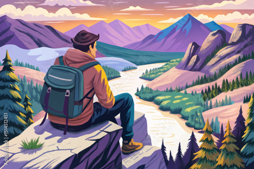 Hiker sitting on cliff edge vector with backpack mountain landscape illustration adventure travel outdoor nature exploration cartoon