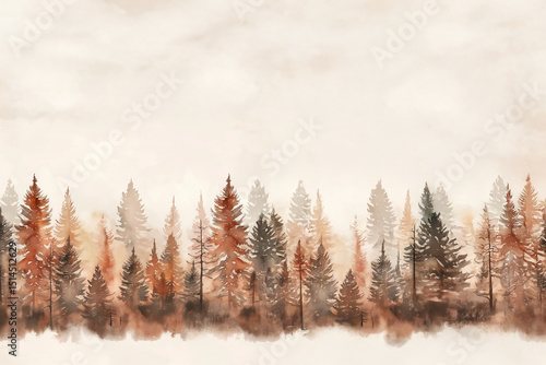 Forêt de pins aux teintes automnales dans un style aquarelle doux, ambiance brumeuse et minimaliste avec arbres en dégradé de marron, ocre et sépia sur fond clair et paisible