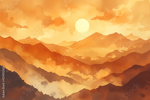 Paysage de montagne au coucher du soleil, dégradé de tons chauds orangés et bruns, atmosphère paisible et contemplative, style peinture aquarelle avec brume légère et lumière diffuse