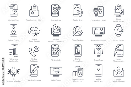 Digital medical services icon pack. Patient monitoring, doctor consultations, telemedicine tools, and health app symbols. Set of line style elements for care system interface. Vector illustration.