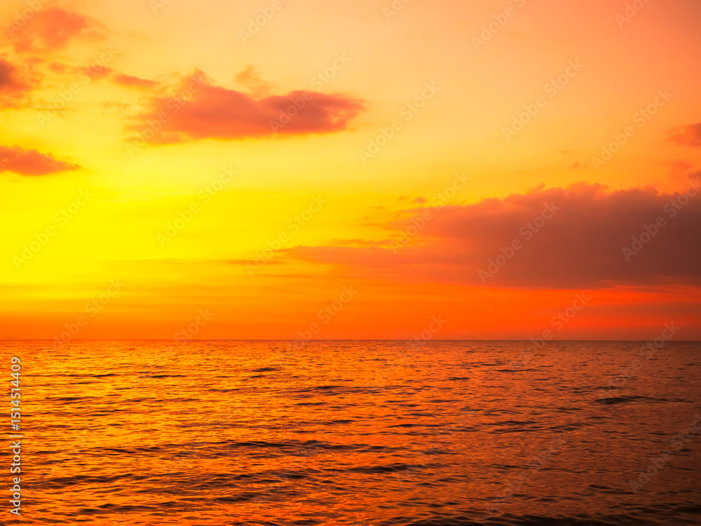 Fototapeta premium Sea sunset sky evening sunrise cloud weather dramatic landscape goldent and indigo color gradient pastel horizon, twilight yellow golden reflection morning nature environment energy ecosystem change.