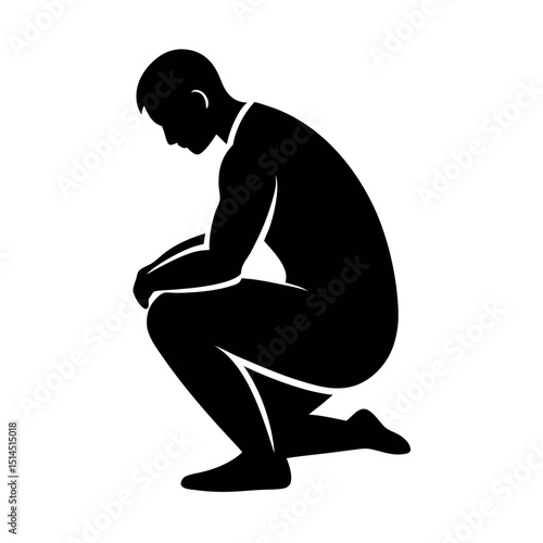 Kneeling or Crouching Human Silhouette - Contemplation, Rest, or Submission Icon isolated on white background
