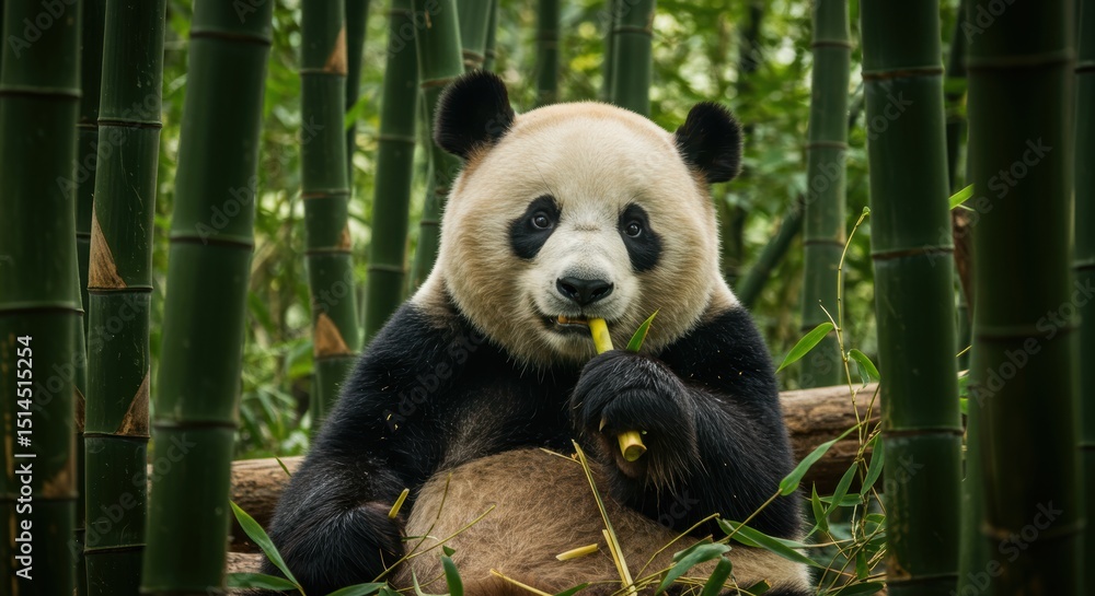 Fototapeta premium Giant Panda Enjoying a Bamboo Lunch in Lush Forest