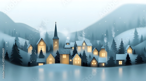 Cozy Winter Village Scene Snow Covered Houses and Snowy Mountains at Night