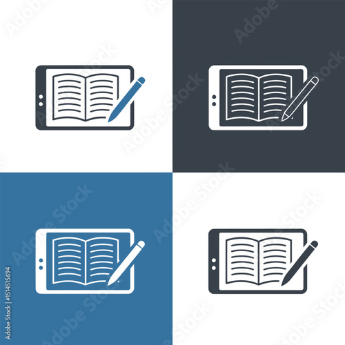 Tablet with open book and pen for digital reading and online education, isolated on white background
