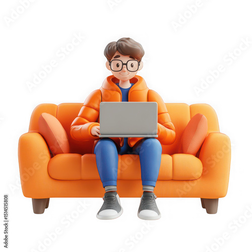 3d render of a young man using a laptop while sitting on an orange sofa isolated on transparent background