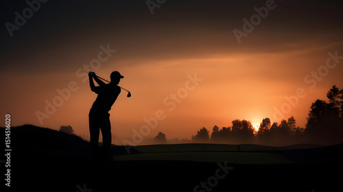 Golfer Silhouette at Sunrise Dramatic Golf Swing on Misty Course